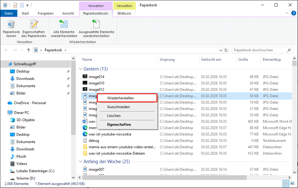 Wählen Sie Wiederherstellen, um Desktop-Dateien aus dem Papierkorb wiederherzustellen.