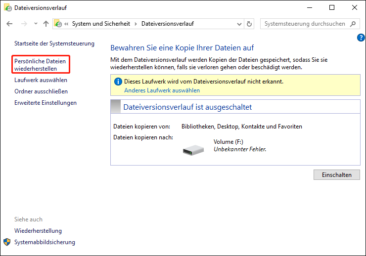 Klicken Sie auf Persönliche Dateien wiederherstellen.
