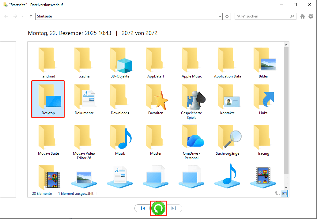 Klicken Sie auf die grüne Schaltfläche, um Desktop-Dateien wiederherzustellen.