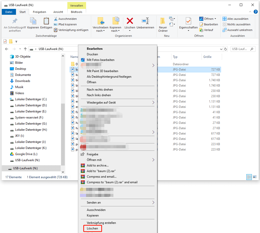 Datei-Explorer-Oberfläche mit der ausgewählten Option Löschen.