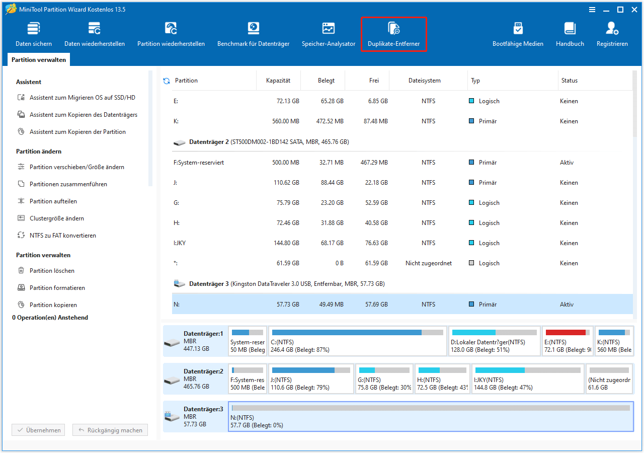 Die Hauptoberfläche von MiniTool Partition Wizard mit der ausgewählten Option Duplikate-Entferner.