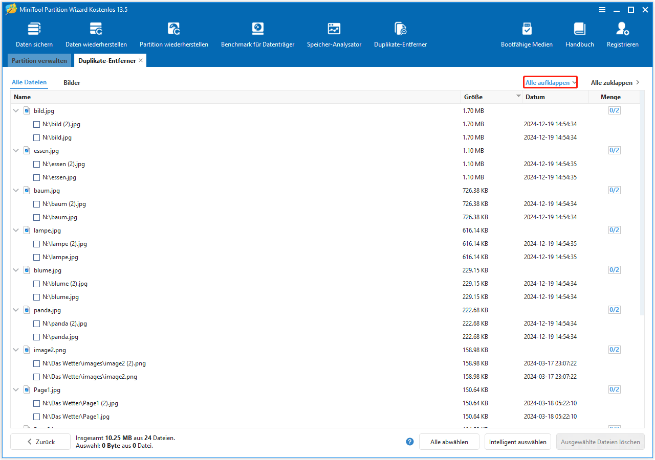 Die Benutzeroberfläche von MiniTool Partition Wizard mit dem Ergebnis des Scans nach doppelten Dateien und klicken Sie auf Alle erweitern.