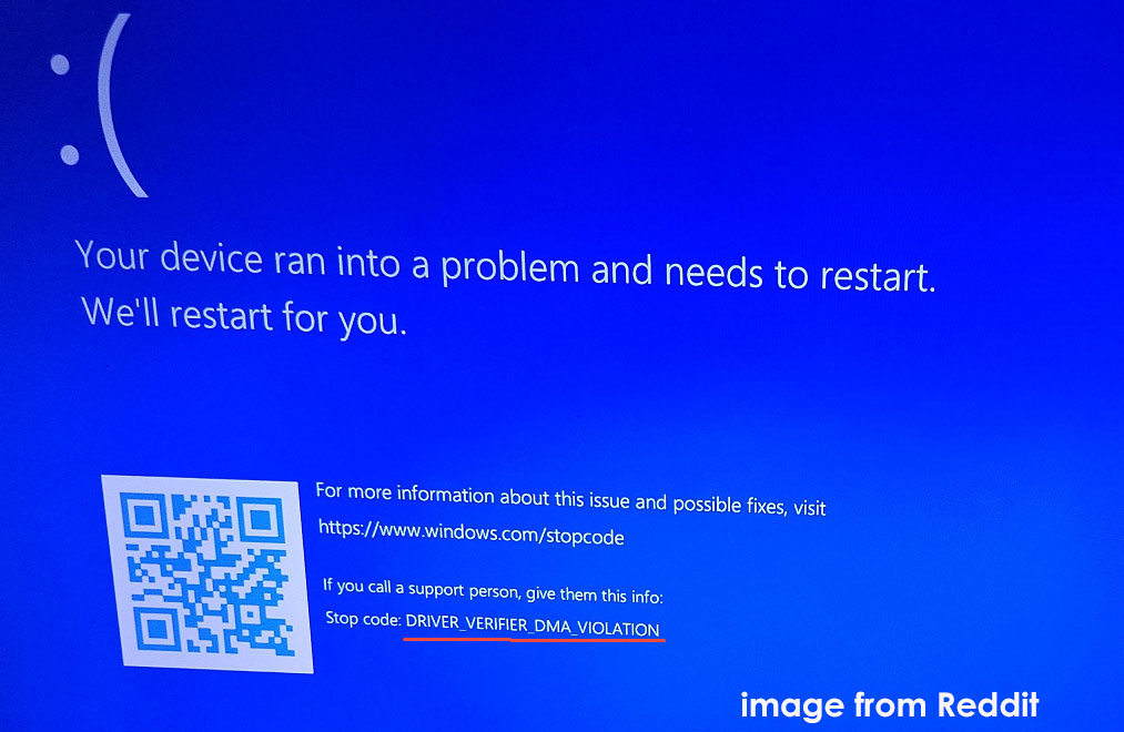 Ein Bluescreen mit dem Stopcode DRIVER_VERIFIER_DMA_VIOLATION.