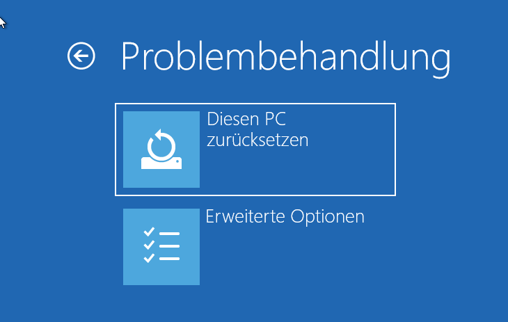 Auswahl der Option Diesen PC zurücksetzen im Fenster Problembehandlung.