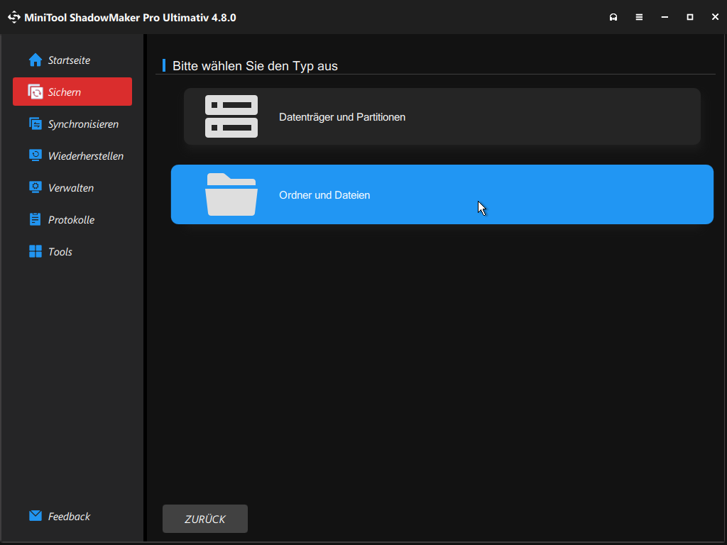Hervorhebung der Option Ordner und Dateien in MiniTool ShadowMaker Bootfähig.