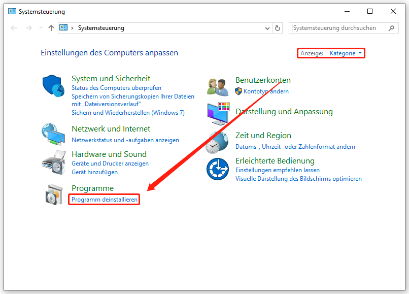 Markierung von Programm deinstallieren in der Systemsteuerung.