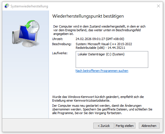 Ein Screenshot zum Start einer Systemwiederherstellung.