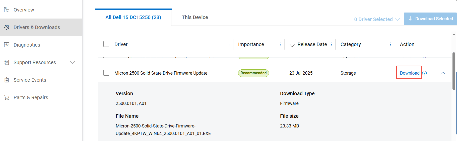 Ein Screenshot zum Download des Micron 2500 SSD Firmware-Updates.