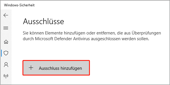 Markierung der Schaltfläche + Ausschluss hinzufügen in der Windows-Sicherheit.