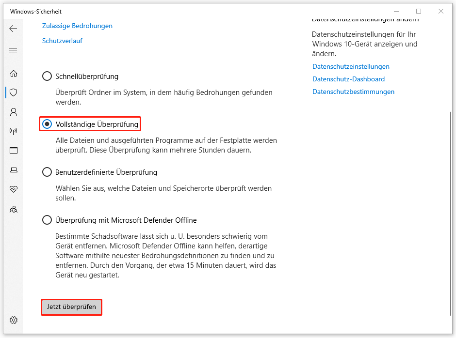 Ein Screenshot zur Durchführung einer vollständigen Überprüfung in der Windows-Sicherheit.