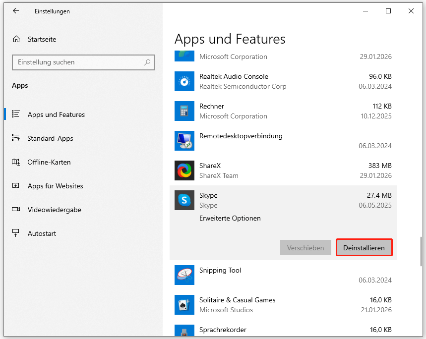 Markierung der Schaltfläche Deinstallieren in der Anwendungsliste.