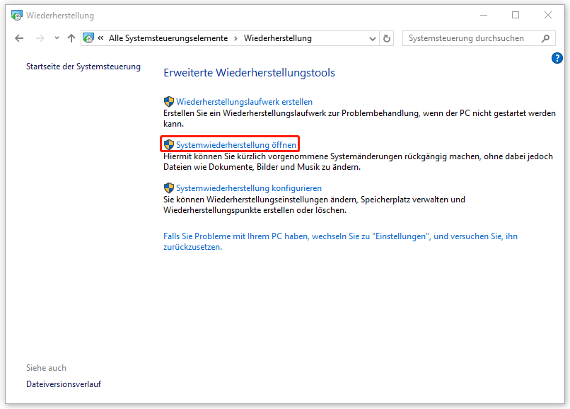 Auswahl der Option Systemwiederherstellung öffnen.