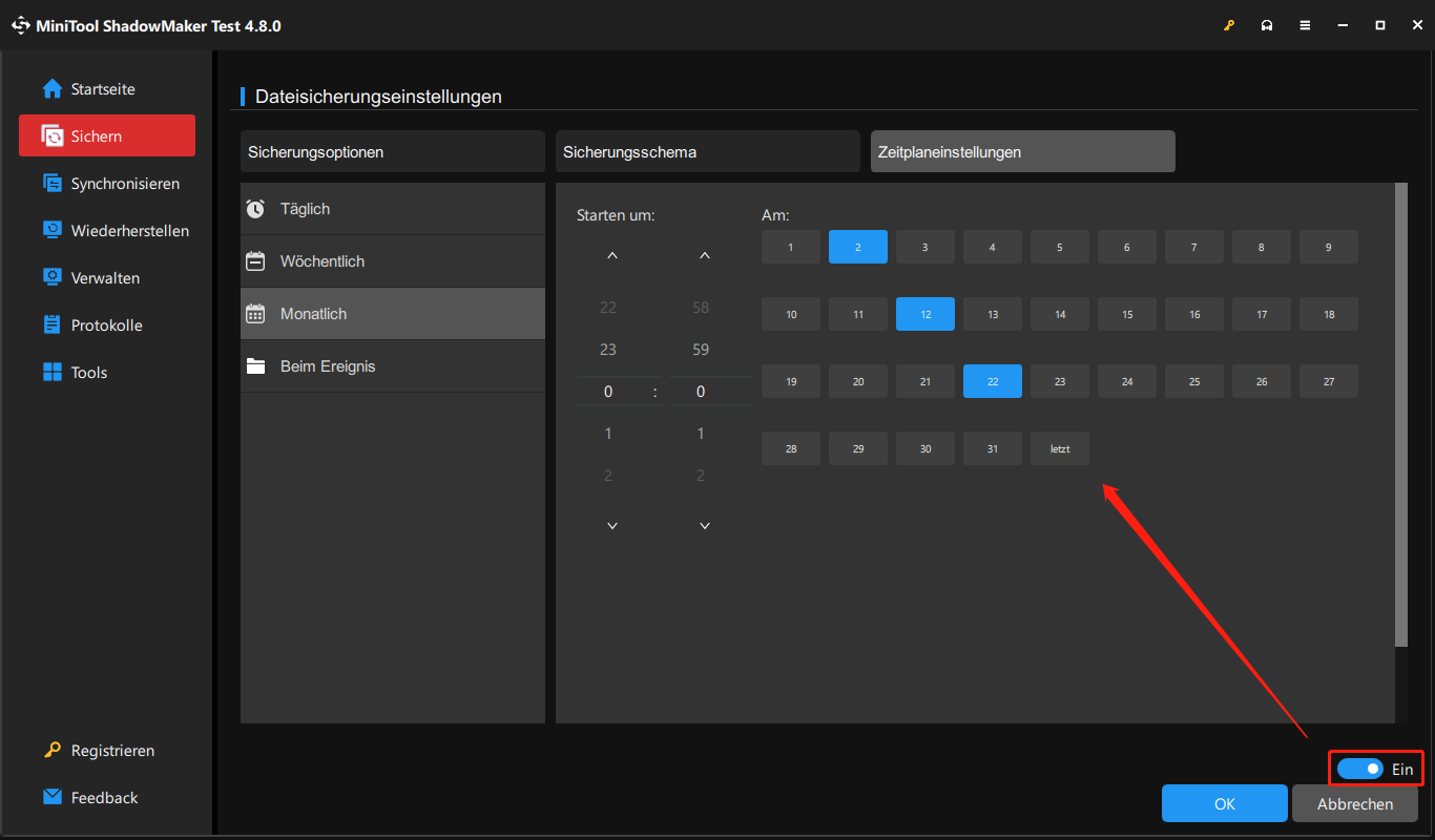 Ein Screenshot zur Erstellung automatischer Backups in MiniTool ShadowMaker.