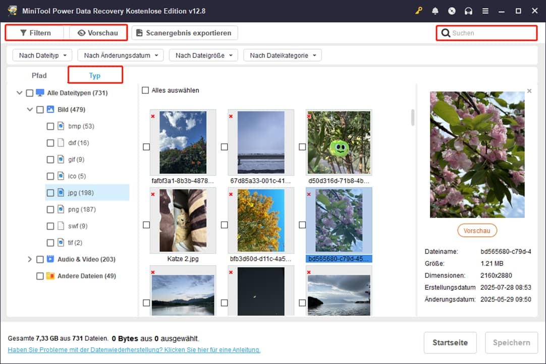 Verschiedene Funktionen in MiniTool Power Data Recovery.