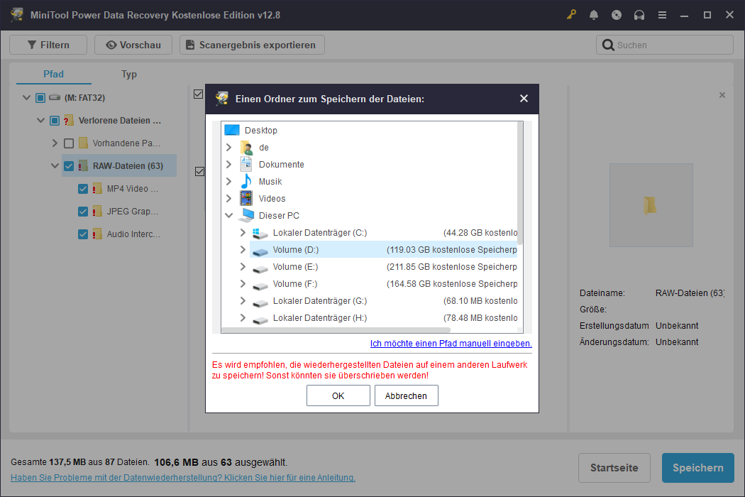 Benötigte Dateien auswählen und einen Speicherort zum Speichern in MiniTool Power Data Recovery wählen.