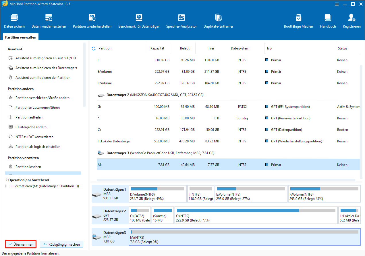 Auswahl der Schaltfläche Übernehmen zur Formatierung der Micro-SD-Karte in MiniTool Partition Wizard.