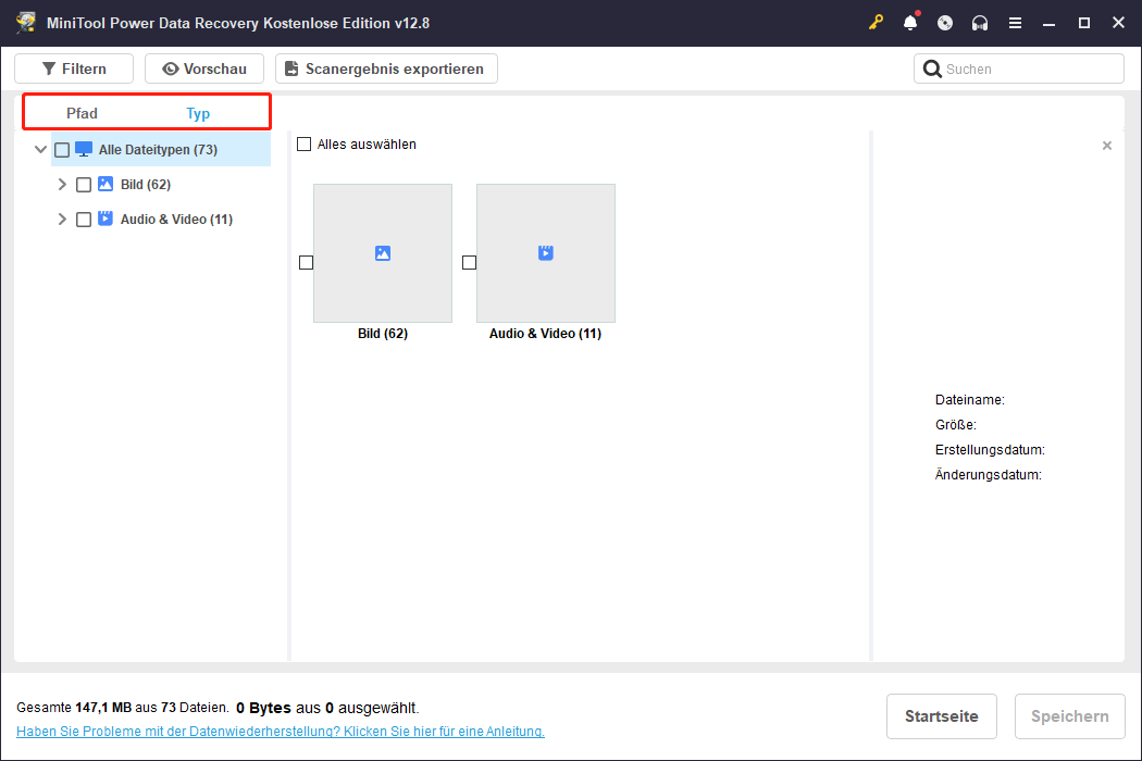 Anzeige der Dateien nach Dateipfad und Dateityp in MiniTool Power Data Recovery.