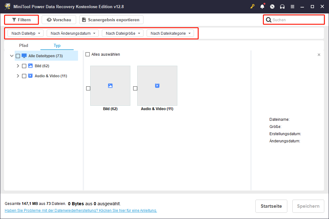 Verwendung von Filter und Suche zur Dateifilterung in MiniTool Power Data Recovery.