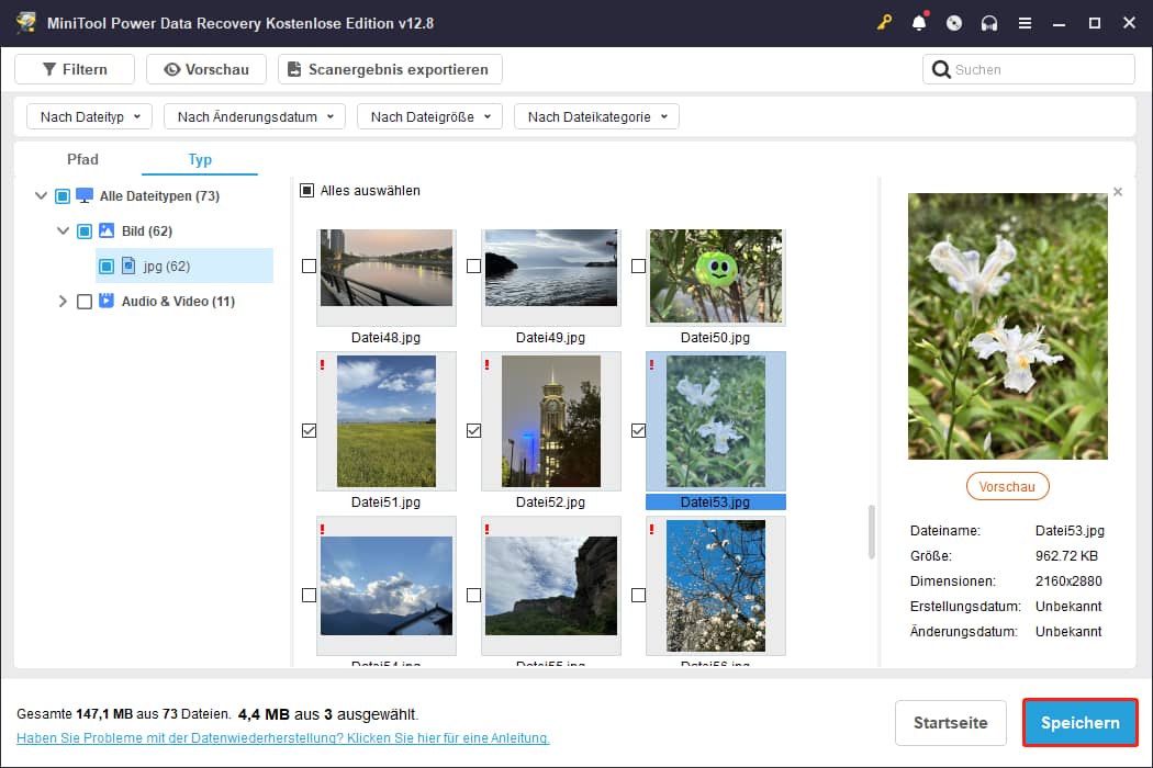 Speicherung der markierten Dateien an einem Speicherort in MiniTool Power Data Recovery.