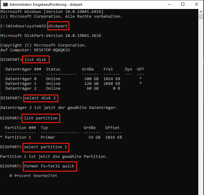 Ausführung der DiskPart-Befehle.