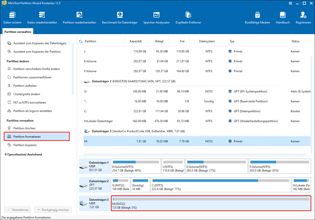 Auswahl der Partitionsformatierung in MiniTool Partition Wizard.