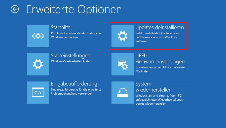 Markierung der Option Updates deinstallieren im Fenster Erweiterte Optionen.