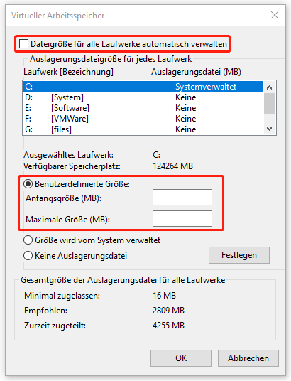 Ein Screenshot zum Ändern der Auslagerungsdateigröße.