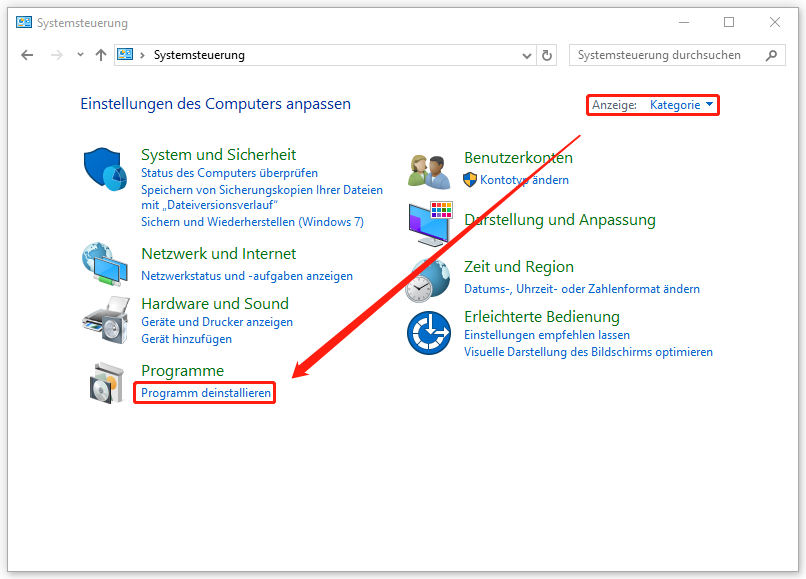 Markierung von Programm deinstallieren in der Systemsteuerung.
