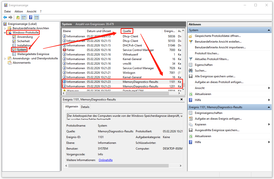 Ein Screenshot zum Anzeigen der RAM-Testergebnisse in der Ereignisanzeige.