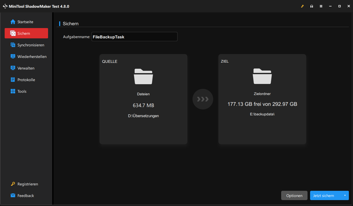 Das MiniTool ShadowMaker-Fenster zum Sichern von Daten auf einem externen Laufwerk.