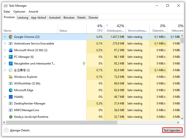 Ein Screenshot zum Beenden ressourcenintensiver Prozesse im Task-Manager.