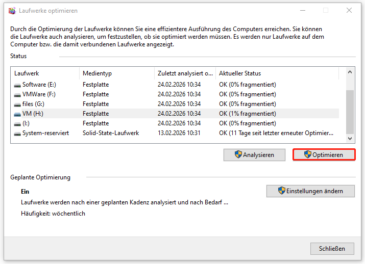 Markierung der Schaltfläche Optimieren im Fenster Laufwerke optimieren.