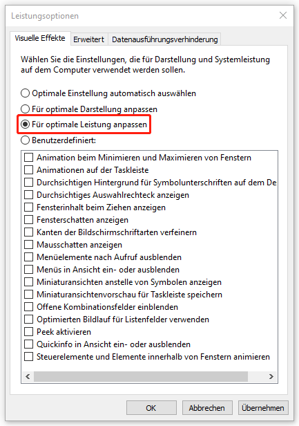 Auswahl der Option Für optimale Leistung anpassen.
