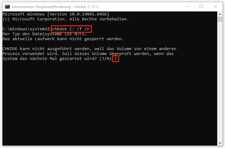 Ein Screenshot zum Planen einer Überprüfung für das Laufwerk C beim nächsten Neustart des PCs.