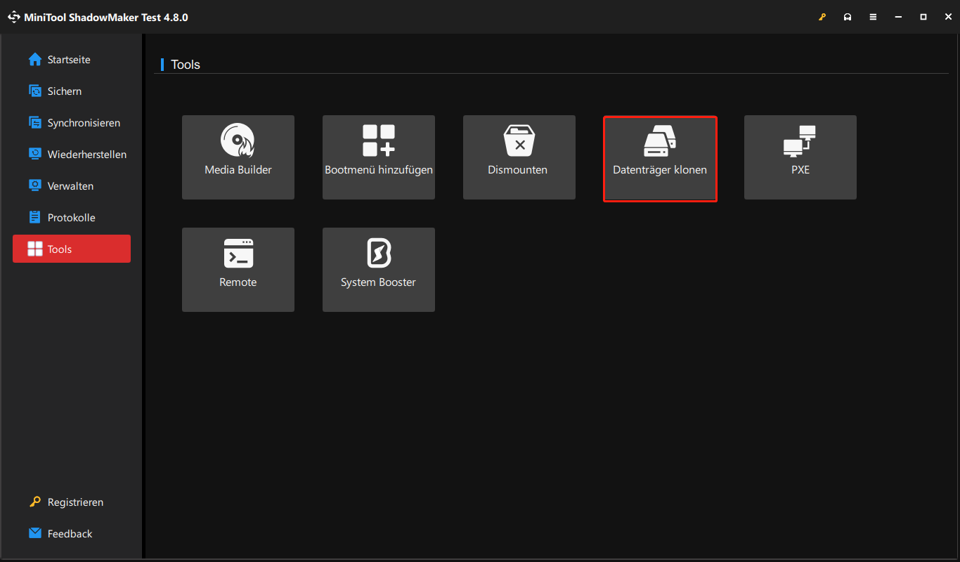 Markierung der Funktion Datenträger klonen in MiniTool ShadowMaker.