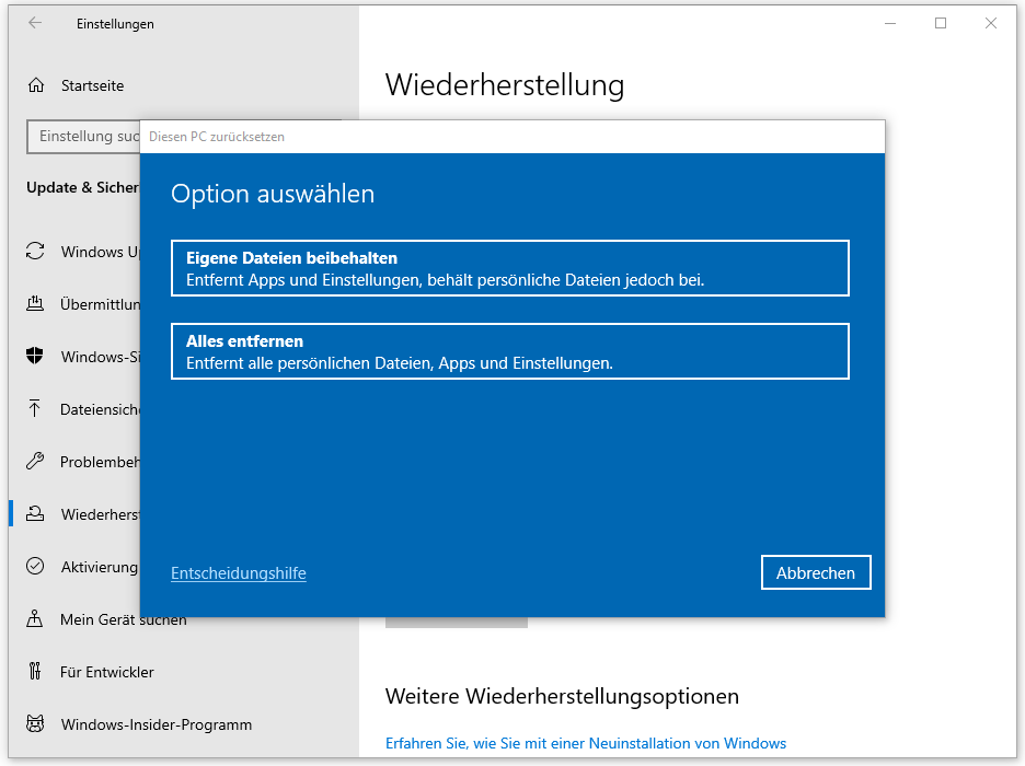 Beide Optionen beim Zurücksetzen von Windows 10.