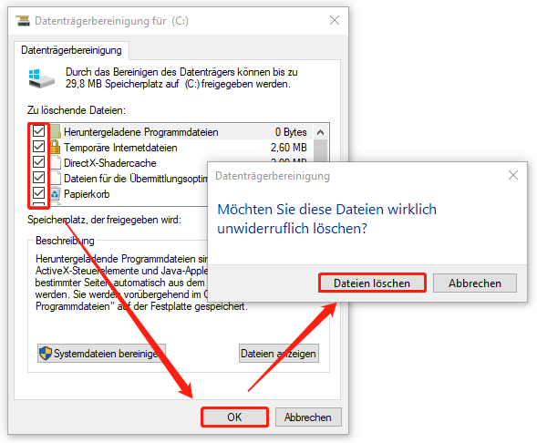 Ein Screenshot zum Löschen von Dateien auf dem Laufwerk C in der Datenträgerbereinigung.