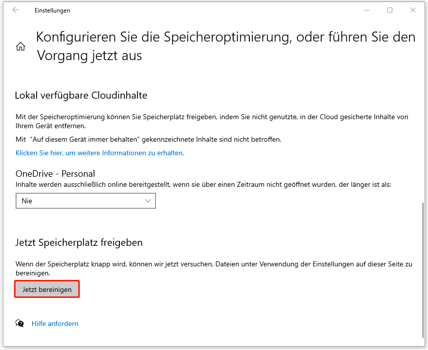 Markierung der Schaltfläche Jetzt bereinigen in der Speicheroptimierung.