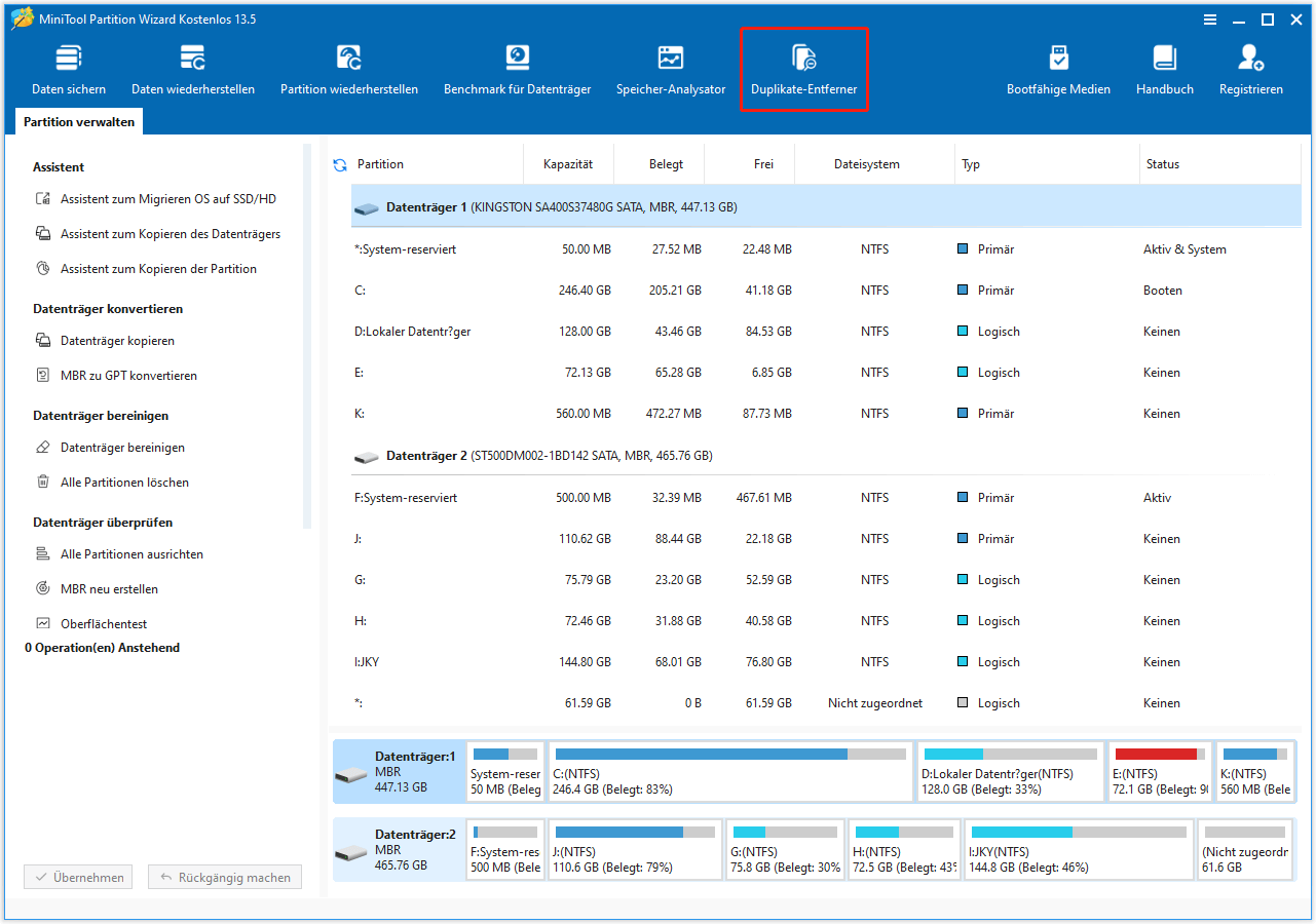 Markierung der Funktion Duplikate-Entferner in MiniTool Partition Wizard.