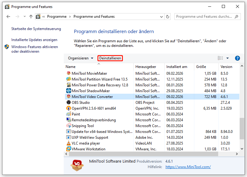 Markierung der Schaltfläche Deinstallieren im Fenster Programme und Features.