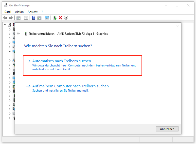 Markierung der Option Automatisch nach Treibern suchen.