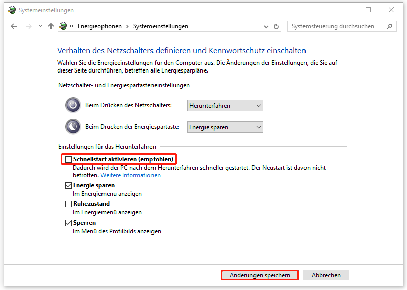 Deaktivieren der Option Schnellstart aktivieren (empfohlen) und Auswahl der Schaltfläche Änderungen speichern.