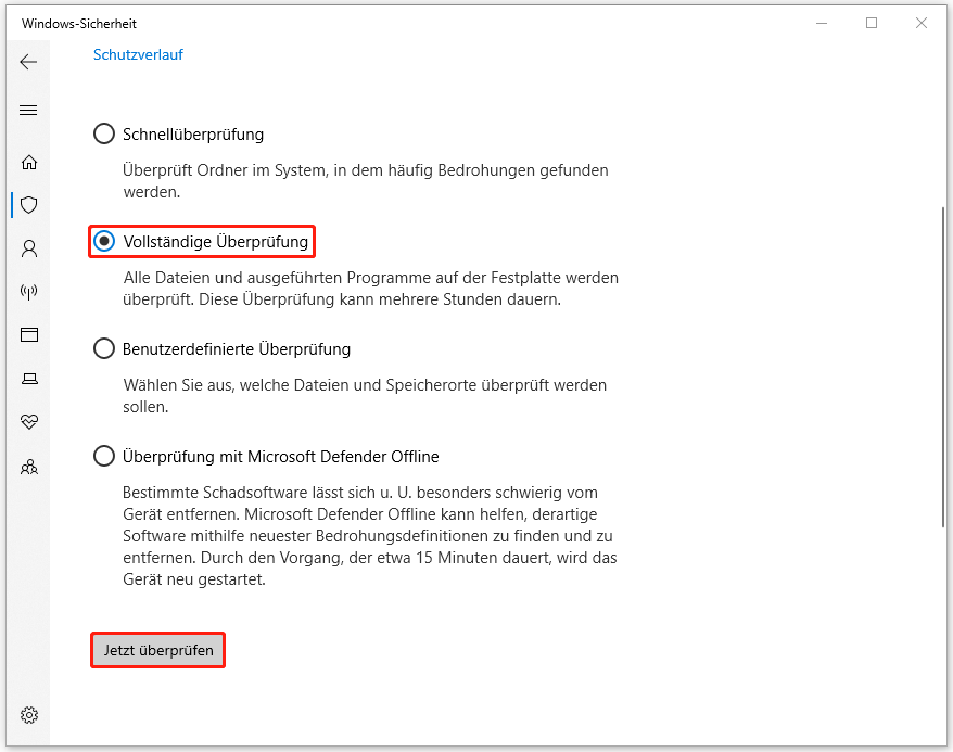 Ein Screenshot zum Ausführen einer vollständigen Überprüfung in der Windows-Sicherheit.