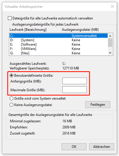 Ein Screenshot zur Anpassung der Auslagerungsdateigröße.