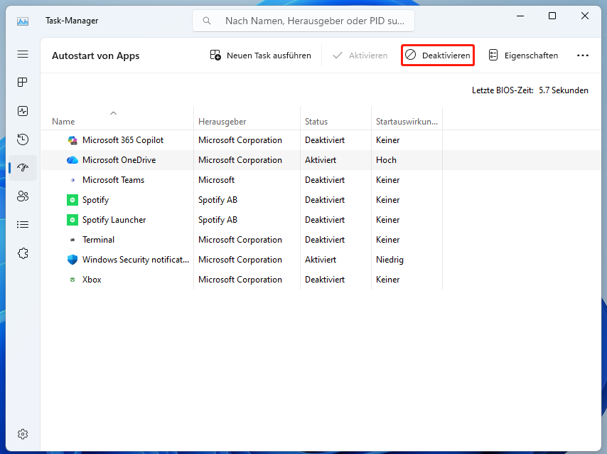 Ein Screenshot zum Deaktivieren unnötiger Autostart-Anwendungen im Task-Manager.