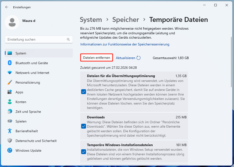 Markierung der Schaltfläche Dateien entfernen.