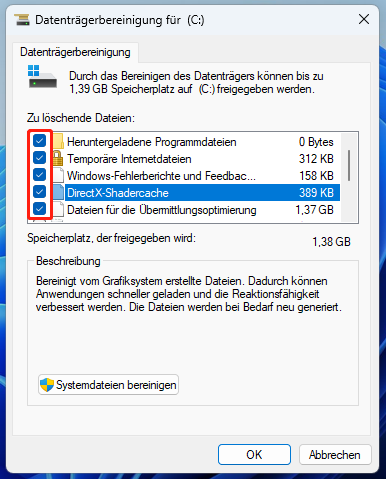 Auswahl der zu löschenden Elemente in der Datenträgerbereinigung.