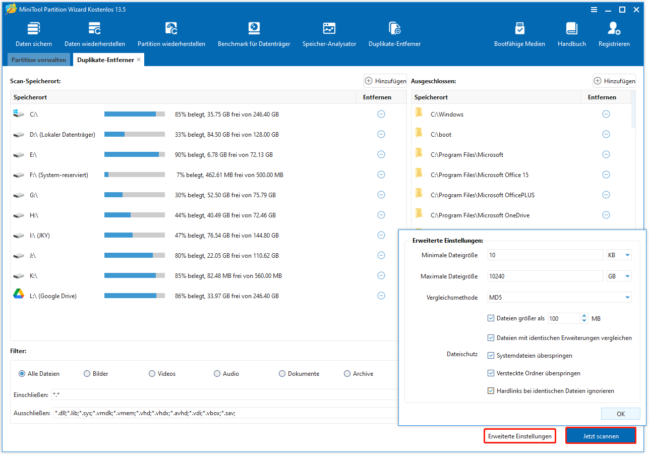 Markierung der Schaltfläche Jetzt scannen in MiniTool Partition Wizard.