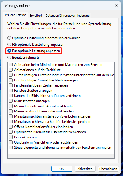 Auswahl der Option Für optimale Leistung anpassen.