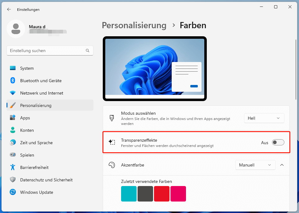 Ein Screenshot zum Deaktivieren der Transparenzeffekte über die Einstellungen.